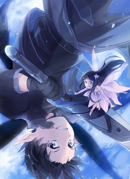 Anime picture 913x1260 with sword art online a-1 pictures kirigaya kazuto yui (sao) alice 1218 long hair tall image looking at viewer short hair open mouth blue eyes black hair smile holding barefoot hair flower pointy ears bare legs happy upside down
