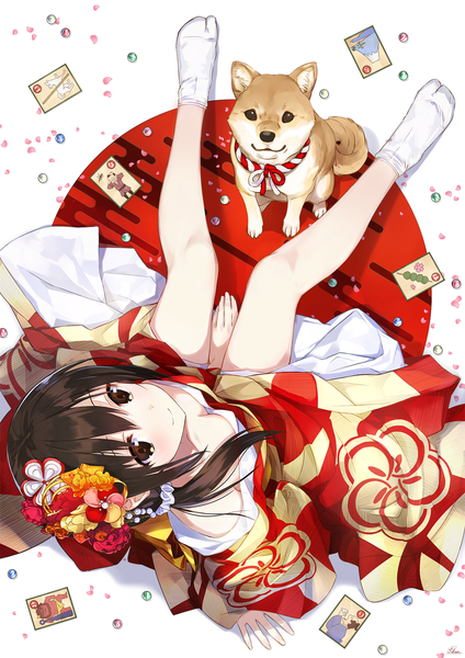 Anime picture 1000x1414 with original orda single long hair tall image looking at viewer blush fringe breasts light erotic smile hair between eyes brown hair sitting brown eyes signed cleavage traditional clothes japanese clothes off shoulder