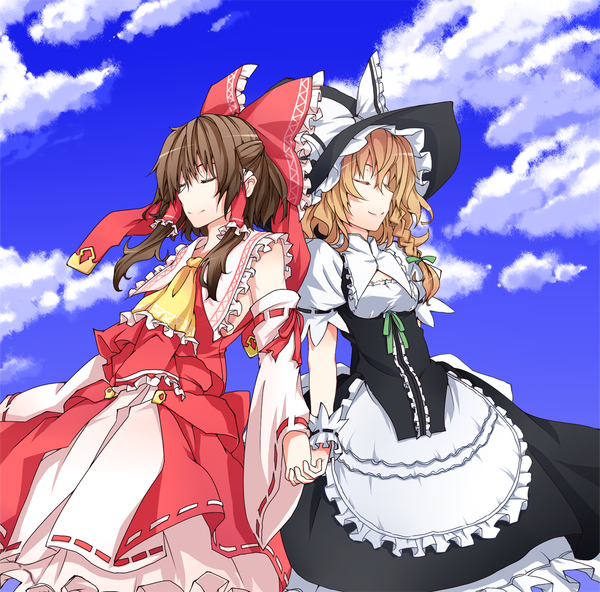 Anime picture 1168x1153 with touhou hakurei reimu kirisame marisa kinsenka blonde hair brown hair multiple girls cloud (clouds) eyes closed holding hands back to back girl bow 2 girls hair bow hat detached sleeves apron witch hat