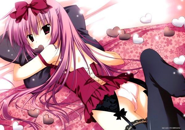 Anime picture 6326x4453 with original korie riko long hair blush highres light erotic red eyes pink hair absurdres cleavage girl thighhighs underwear panties bow black thighhighs hair bow food heart sweets