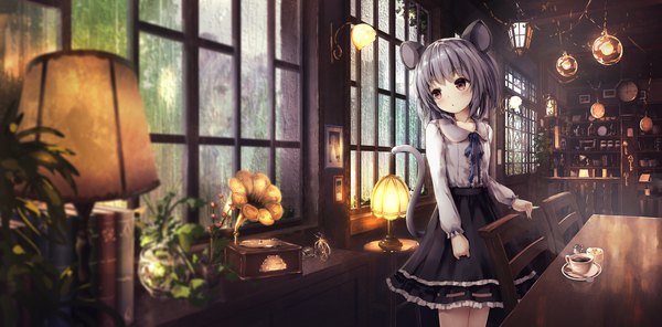 Anime picture 1750x865 with touhou nazrin missle228 single blush fringe highres short hair red eyes wide image standing animal ears looking away indoors long sleeves head tilt grey hair blurry :o depth of field