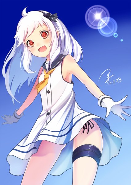 Anime picture 800x1129 with kantai collection northern ocean hime kito koruta single long hair tall image looking at viewer blush open mouth simple background red eyes bare shoulders signed white hair :d from below alternate costume dated blue background shinkaisei-kan