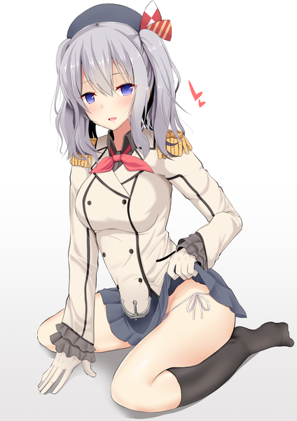 Anime picture 706x1000 with kantai collection kashima training cruiser takeyuu single long hair tall image looking at viewer blush open mouth blue eyes light erotic grey hair pantyshot girl skirt gloves underwear panties miniskirt socks