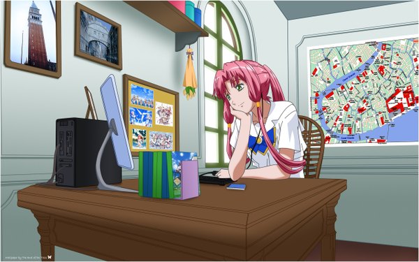 Anime picture 2560x1600 with aria aria the natural mizunashi akari the-end-of-the-tales single long hair highres wide image sitting pink hair ponytail girl window book (books) chair table picture computer map