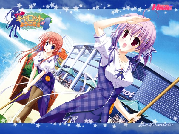 Anime picture 1280x960 with pia carrot pia carrot 4 hasegawa akemi kamine ayaka naruse mamoru long hair short hair open mouth red eyes twintails multiple girls looking away sky purple hair ahoge red hair copyright name beach short twintails girl