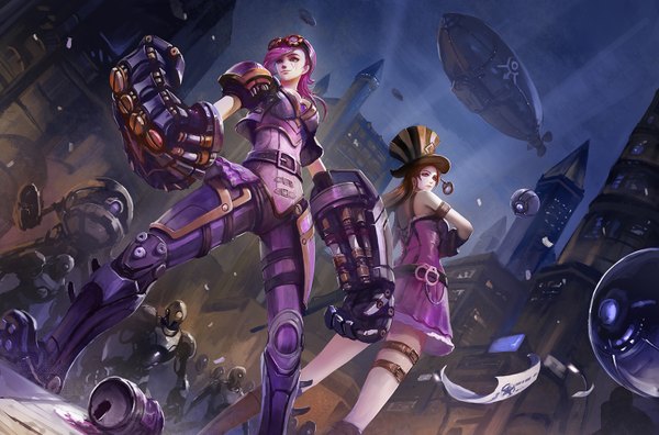 Anime picture 1514x1000 with league of legends caitlyn (league of legends) vi (league of legends) turewindwalker long hair breasts brown hair standing multiple girls brown eyes pink hair realistic goggles on head girl 2 girls hat belt thigh strap goggles clothes