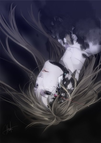 Anime picture 992x1403 with original hitaki azami single long hair tall image simple background brown hair signed black eyes realistic black background falling girl robot debris android