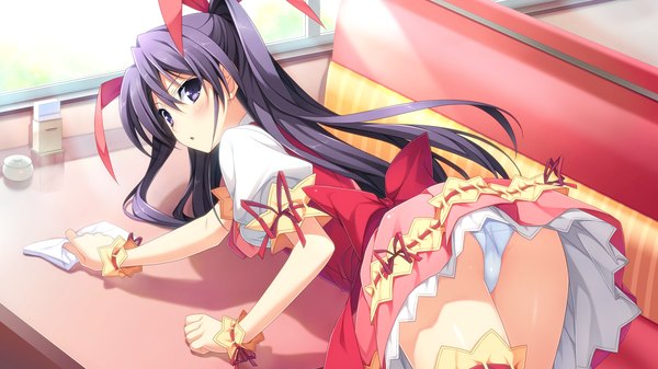 Anime picture 1920x1080 with berry's morikubo yuna suzuhira hiro long hair looking at viewer blush fringe highres light erotic hair between eyes wide image twintails purple eyes game cg purple hair ass looking back from behind maid cleaning