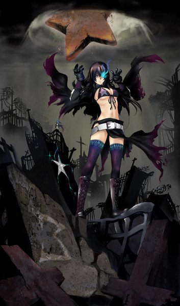 Anime picture 1240x2104 with black rock shooter vocaloid megurine luka black rock shooter (character) realmbw single long hair tall image blue eyes black hair bare belly glowing glowing eye (eyes) ruins girl thighhighs black thighhighs star (symbol) bikini top