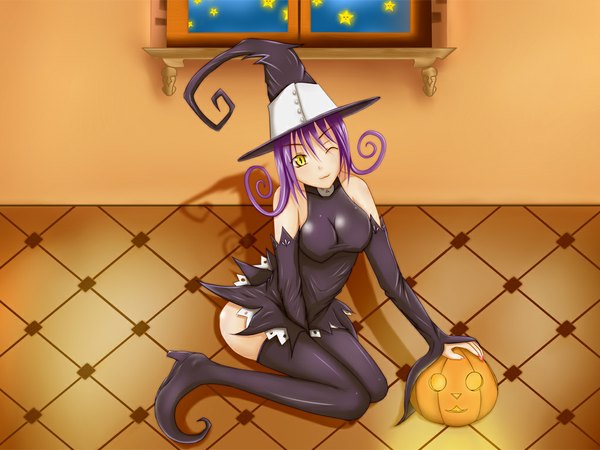 Anime picture 1024x768 with soul eater studio bones blair yellow eyes purple hair one eye closed wink thighhighs hat detached sleeves boots thigh boots witch hat vegetables pumpkin lam