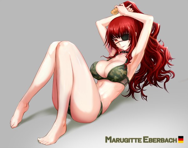 Anime picture 1280x1007 with maji de watashi ni koi shinasai! margit eberbach haitaka single long hair looking at viewer blush breasts open mouth light erotic simple background smile red eyes large breasts sitting bare shoulders cleavage red hair barefoot arms up