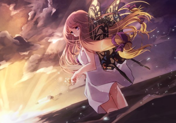 Anime picture 2546x1780 with original shinomiya shizuru (artist) single long hair highres brown hair purple eyes cloud (clouds) looking back multicolored hair sunlight evening sunset insect wings butterfly wings girl bow hair bow wings water