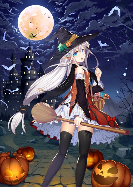 Anime picture 711x1000 with original abusoru single long hair tall image looking at viewer fringe open mouth blue eyes smile hair between eyes holding payot cloud (clouds) outdoors white hair pleated skirt looking back pointy ears from behind