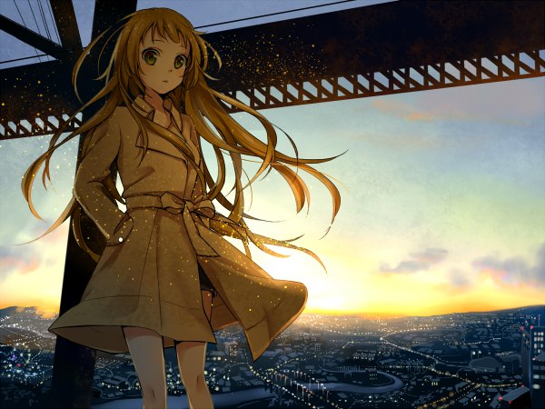 Anime picture 1200x900 with original yuzuki kihiro single long hair brown hair green eyes sky cloud (clouds) wallpaper cityscape hands in pockets river morning sunrise girl shorts cloak bridge