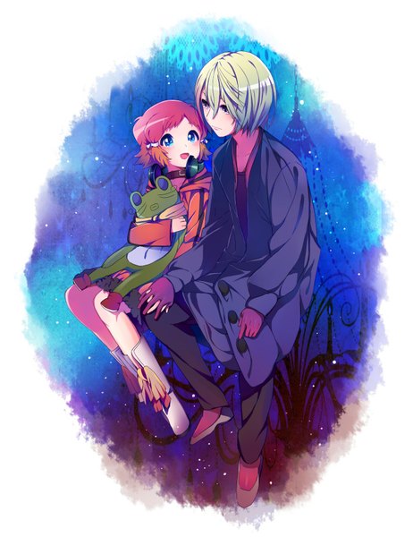 Anime picture 1310x1700 with aquarion (series) aquarion evol satelight jin musou yunoha thrul tall image blush short hair open mouth blue eyes blonde hair pink hair black eyes couple holding hands girl boy gloves toy stuffed animal
