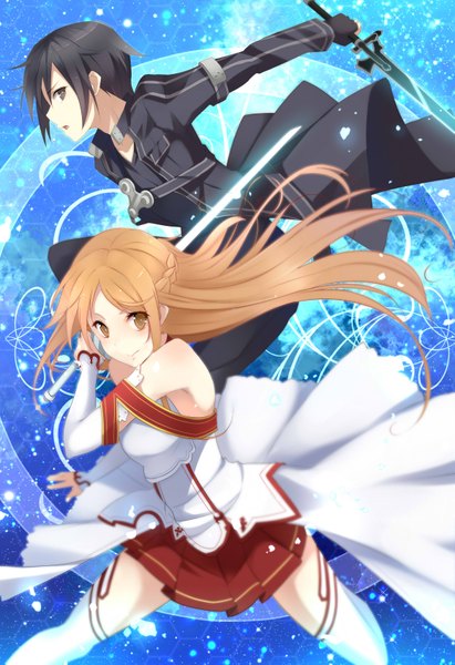 Anime picture 2311x3367 with sword art online a-1 pictures yuuki asuna kirigaya kazuto kisaichi jin long hair tall image looking at viewer blush highres short hair open mouth black hair blonde hair smile bare shoulders brown eyes profile blue background girl