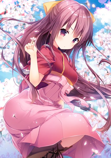 Anime picture 703x1000 with kantai collection melonbooks kamikaze destroyer konomi (kino konomi) single long hair tall image looking at viewer blush fringe hair between eyes purple eyes holding payot purple hair bent knee (knees) head tilt :o from below short sleeves