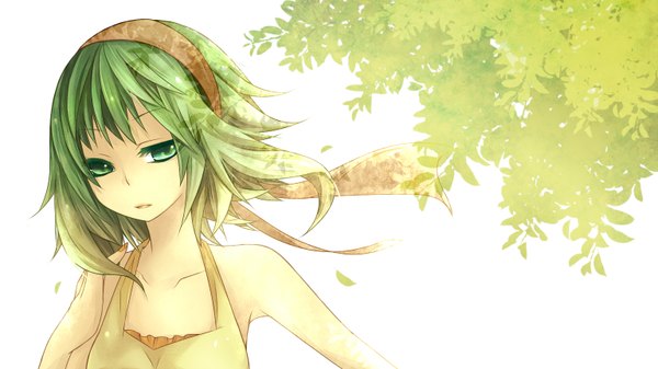 Anime picture 1536x864 with vocaloid gumi single short hair wide image green eyes green hair girl leaf (leaves)