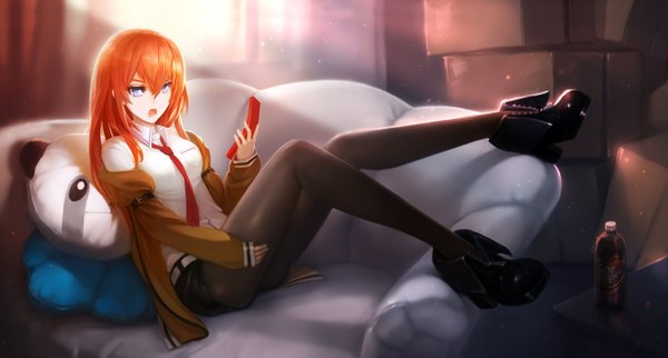 Anime picture 3000x1610 with steins;gate white fox dr pepper makise kurisu zhuore zhi hen single long hair highres open mouth blue eyes wide image orange hair girl shirt pantyhose necktie shorts boots white shirt black pantyhose