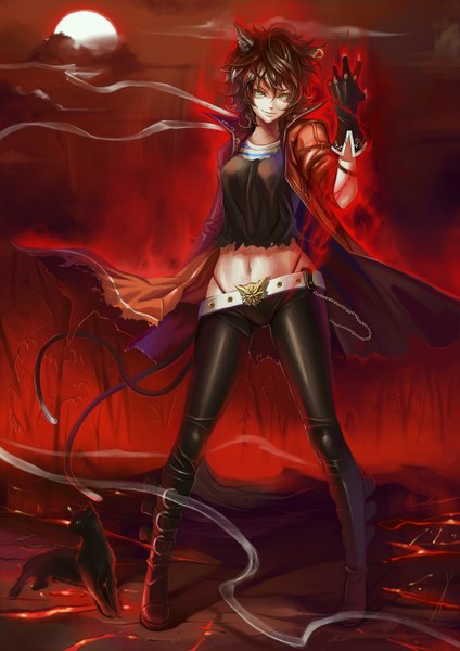Anime picture 992x1404 with touhou chen dantewontdie single tall image looking at viewer short hair smile brown hair green eyes animal ears cloud (clouds) tail animal tail light smile cat ears cat tail night sky torn clothes magic