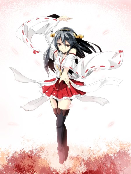 Anime picture 900x1200 with kantai collection haruna battleship gin'ichi (akacia) single long hair tall image brown eyes looking away full body traditional clothes japanese clothes grey hair wide sleeves weightlessness girl skirt detached sleeves miniskirt hairband thigh boots