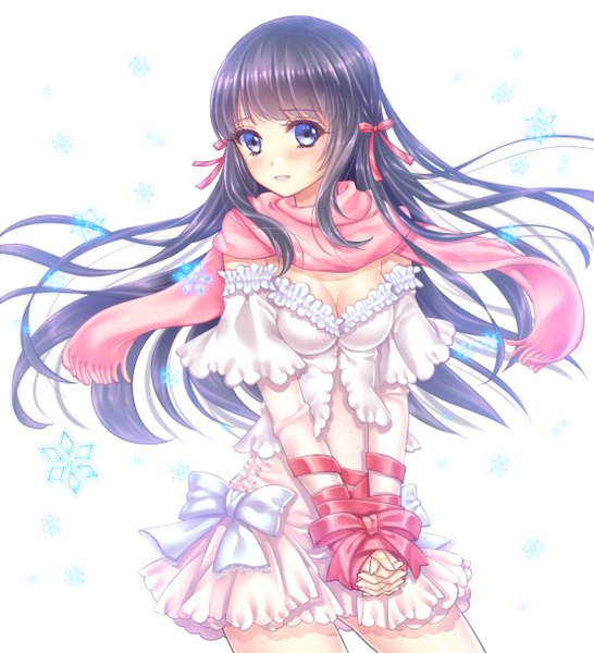 Anime picture 1107x1216 with original unohanatei single long hair tall image looking at viewer blush blue eyes white background purple hair off shoulder bondage girl dress bow ribbon (ribbons) hair bow scarf snowflake (snowflakes)