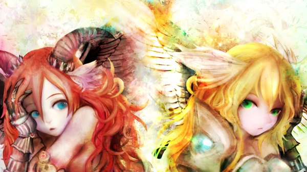 Anime picture 3200x1800 with original zhang xiao bo long hair looking at viewer highres open mouth blue eyes blonde hair wide image bare shoulders multiple girls green eyes red hair horn (horns) angel wings head wings angel demon girl gloves