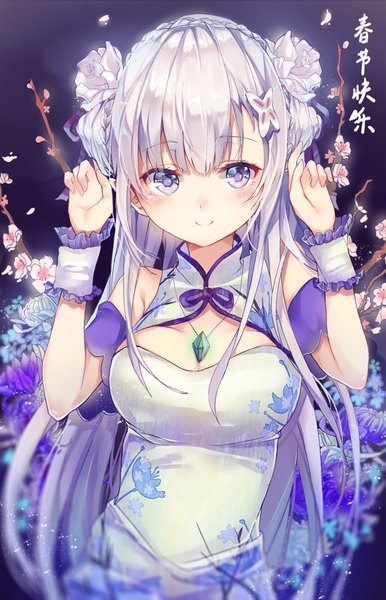 Anime picture 1030x1600 with re:zero kara hajimeru isekai seikatsu white fox emilia (re:zero) takitou single long hair tall image looking at viewer blush fringe breasts smile large breasts purple eyes silver hair braid (braids) traditional clothes hair flower blurry inscription