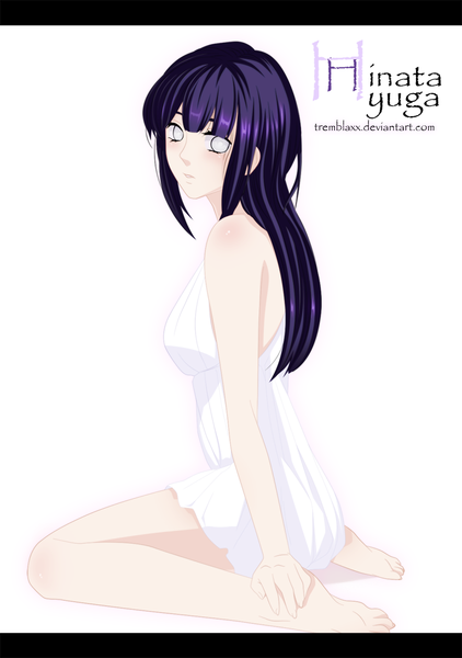 Anime picture 900x1280 with naruto studio pierrot naruto (series) hyuuga hinata tremblax single long hair tall image simple background white background sitting purple hair looking back inscription kneeling coloring wariza letterboxed white eyes no pupils