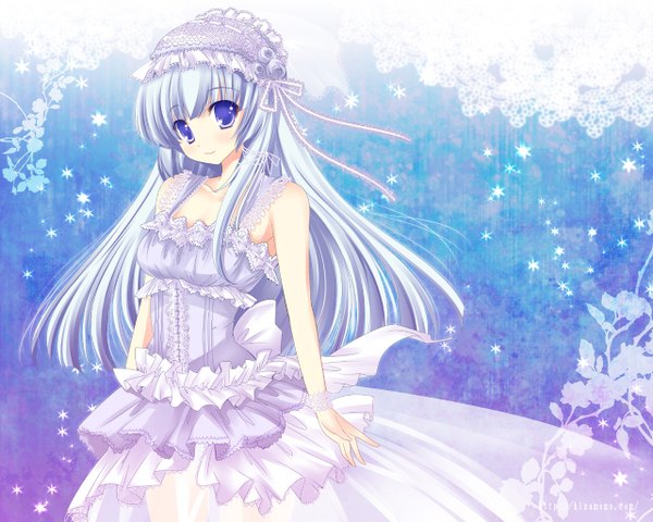 Anime picture 1280x1024 with hinata momo long hair blue eyes blue hair girl dress lolita hairband