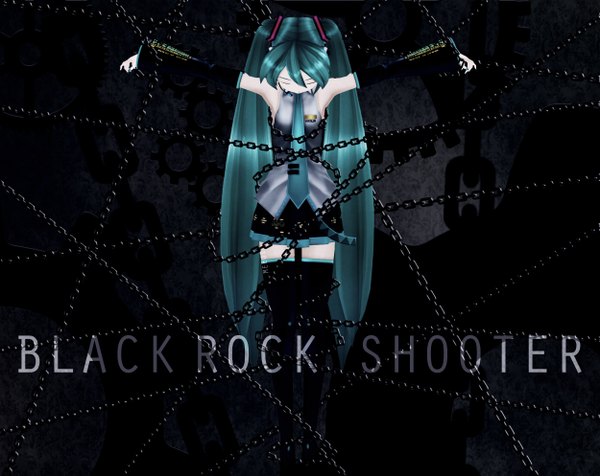 Anime picture 2500x1987 with vocaloid hatsune miku meeji (artist) highres twintails eyes closed very long hair pleated skirt aqua hair black background girl thighhighs skirt black thighhighs detached sleeves shirt necktie chain