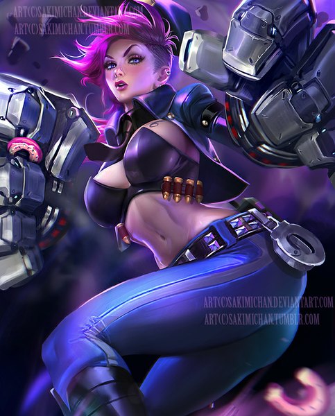 Anime picture 724x900 with league of legends vi (league of legends) sakimichan single long hair tall image looking at viewer breasts open mouth blue eyes light erotic large breasts holding signed pink hair cleavage bent knee (knees) realistic bare belly lipstick