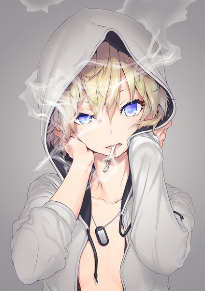 Anime picture 800x1132 with original nilitsu single tall image fringe short hair blue eyes light erotic blonde hair simple background hair between eyes upper body grey background no bra open jacket flat chest smoke smoking girl jacket