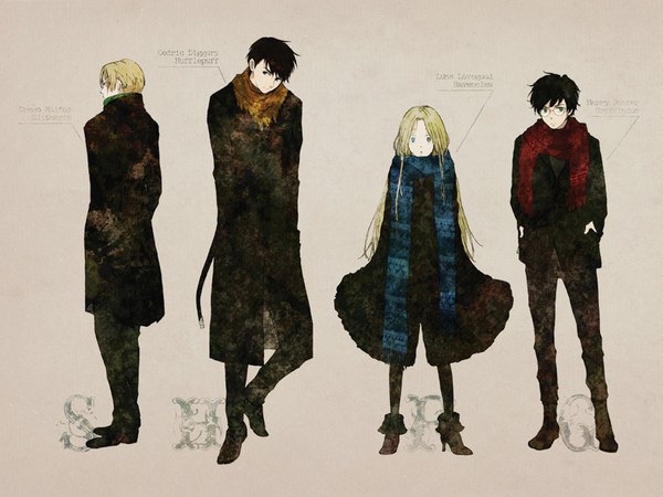 Anime picture 1024x768 with harry potter harry potter (character) draco malfoy luna lovegood cedric diggory long hair black hair blonde hair green eyes grey background multiple boys hands in pockets girl dress boy glasses boots scarf black dress pants