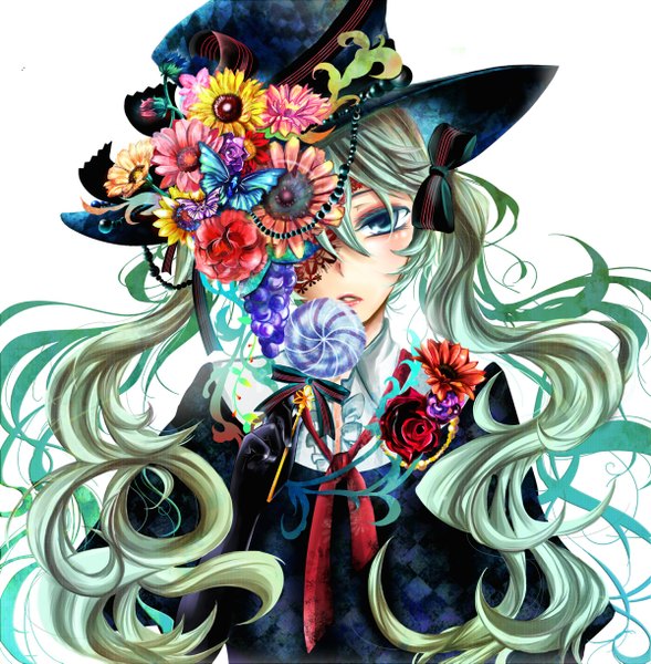 Anime picture 1200x1223 with vocaloid hatsune miku tubakinokubi single long hair tall image blue eyes twintails aqua hair girl flower (flowers) hat