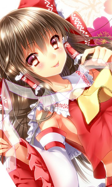 Anime picture 600x1000 with touhou hakurei reimu tsukiriran single long hair tall image looking at viewer blush red eyes brown hair traditional clothes :p miko girl bow hair bow detached sleeves tongue gohei