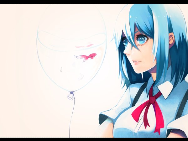 Anime picture 2000x1500 with original akuan (7jackpot7) single highres short hair blue eyes simple background white background blue hair looking away mole mole under mouth girl uniform school uniform animal fish (fishes) balloon