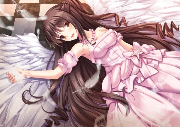 Anime picture 1200x848 with idolmaster idolmaster cinderella girls shimamura uzuki toshi (1-147) single long hair looking at viewer open mouth black hair brown eyes lying drill hair girl dress wings feather (feathers)