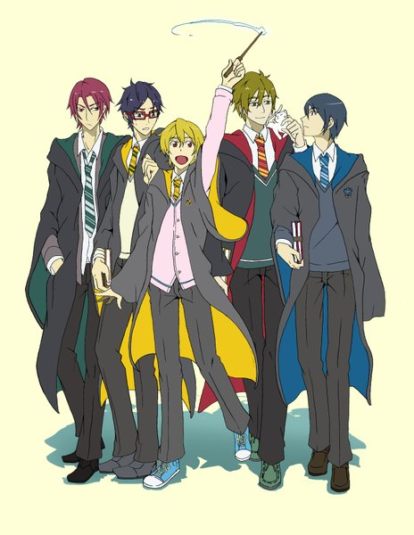 Anime picture 1252x1618 with free! harry potter kyoto animation matsuoka rin nanase haruka (free!) tachibana makoto hazuki nagisa ryugazaki rei tall image short hair open mouth blonde hair simple background red eyes standing purple eyes brown eyes green eyes blue hair pink hair