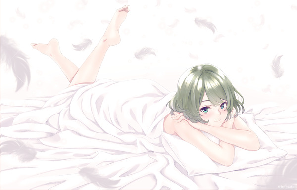 Anime picture 2420x1554 with idolmaster idolmaster cinderella girls takagaki kaede infinote single looking at viewer blush highres short hair blue eyes simple background smile brown hair white background lying barefoot on stomach girl pillow feather (feathers)