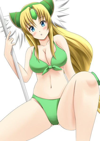 Anime picture 800x1130 with seiken densetsu seiken densetsu 3 riesz fuuma nagi long hair tall image blush breasts blue eyes light erotic simple background blonde hair white background head wings girl navel swimsuit bikini wings