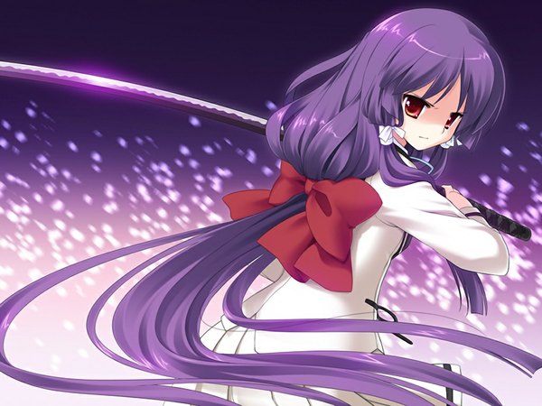 Anime picture 1024x768 with ouka sengoku! uesugi kenshin (ouka sengoku) long hair red eyes game cg purple hair girl sword