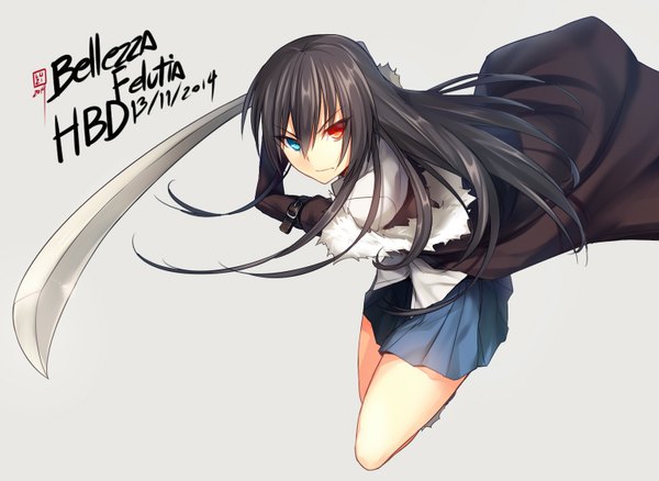 Anime picture 1536x1123 with original bellezza felutia luzi (coffee-straw-luzi) single long hair looking at viewer fringe black hair simple background pleated skirt heterochromia dated serious otoko no ko boy skirt weapon miniskirt sword katana