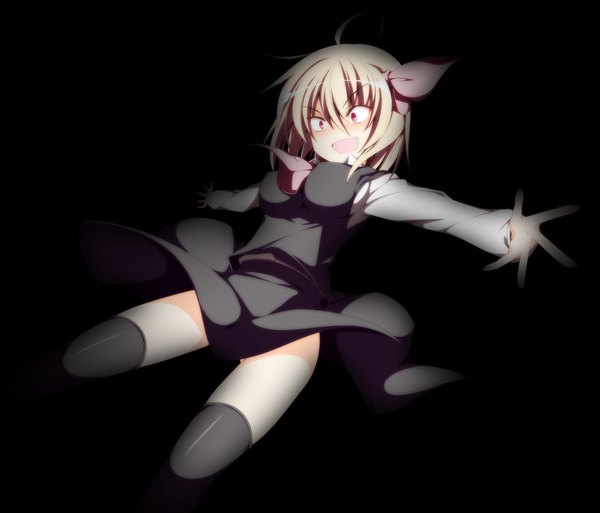Anime picture 1814x1553 with touhou rumia sakurame highres short hair open mouth blonde hair red eyes ahoge black background girl thighhighs black thighhighs