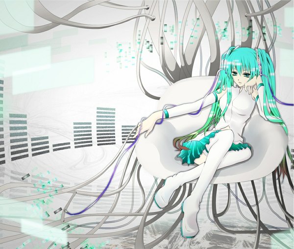 Anime picture 1024x870 with vocaloid hatsune miku aonoe single sitting twintails very long hair multicolored hair aqua eyes girl skirt ribbon (ribbons) bracelet wire (wires)