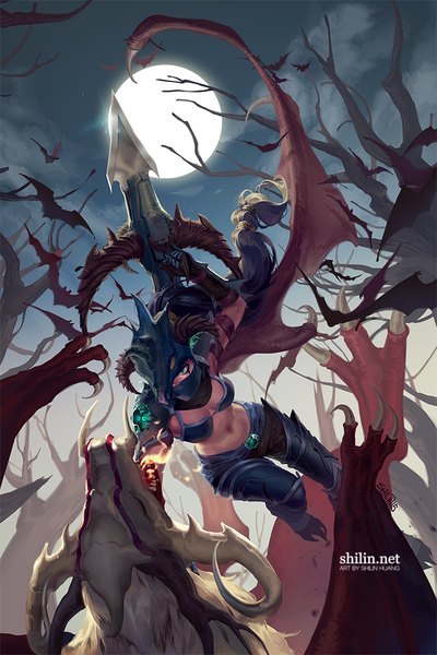 Anime picture 667x1000 with league of legends shyvana (league of legends) vayne (league of legends) shilin single tall image breasts open mouth blue eyes holding signed purple hair bent knee (knees) very long hair horn (horns) night teeth bare belly from below fang (fangs)
