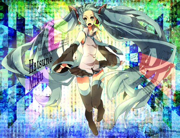 Anime picture 1700x1304 with vocaloid hatsune miku haruka (fizz) single long hair highres open mouth twintails aqua hair girl thighhighs detached sleeves miniskirt necktie