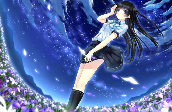 Anime picture 1920x1256 with ayame no machi to ohimesama kazuharu kina single long hair looking at viewer blush highres blue eyes black hair sky cloud (clouds) looking back light smile wind dutch angle night sky adjusting hair plaid skirt mountain weightlessness