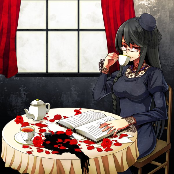 Anime picture 1736x1736 with original single long hair highres black hair red eyes sitting braid (braids) girl dress flower (flowers) hat petals glasses window black dress book (books) table cup teapot