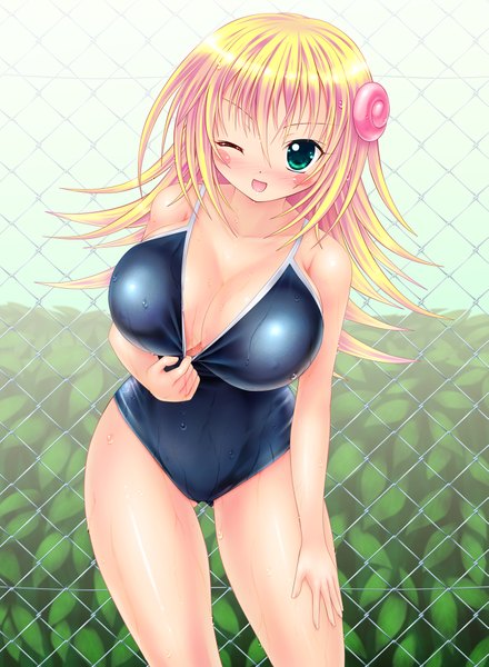 Anime picture 1467x2000 with original kogarashi (wind of winter) single long hair tall image blush breasts open mouth blue eyes light erotic blonde hair large breasts one eye closed wink girl hair ornament swimsuit